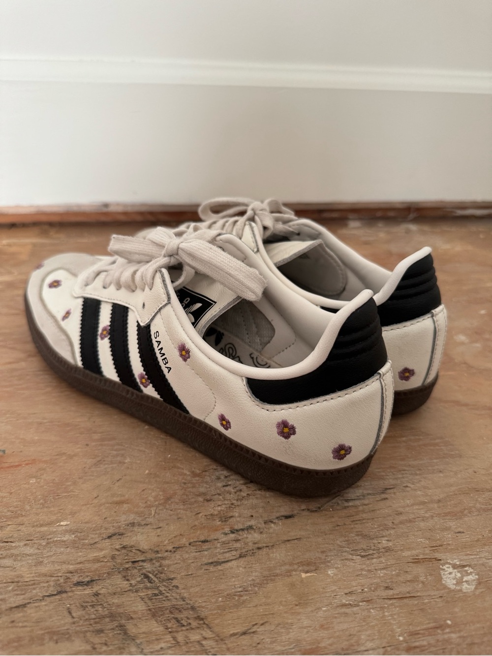 adidas Samba Sneakers in Cream with Black Stripes and Purple Floral Accents - Picture 3 of 3